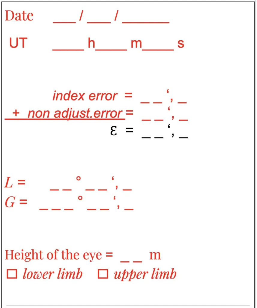 - LA ROCHELLE -, Part of the worksheet to fill in: date and UT time