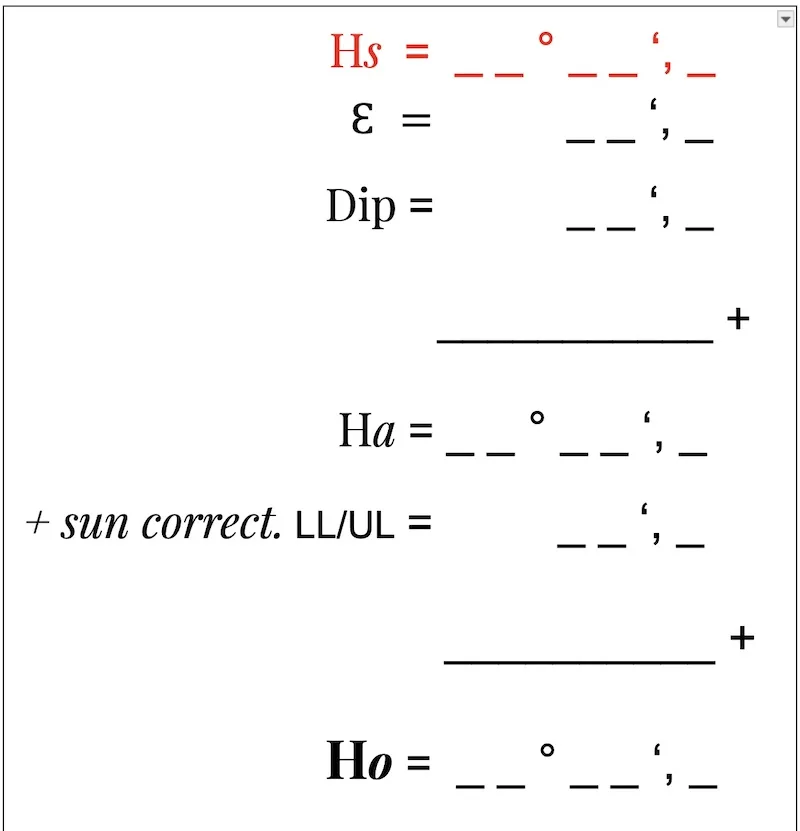- LA ROCHELLE -, Part of the worksheet to fill in: sextant height