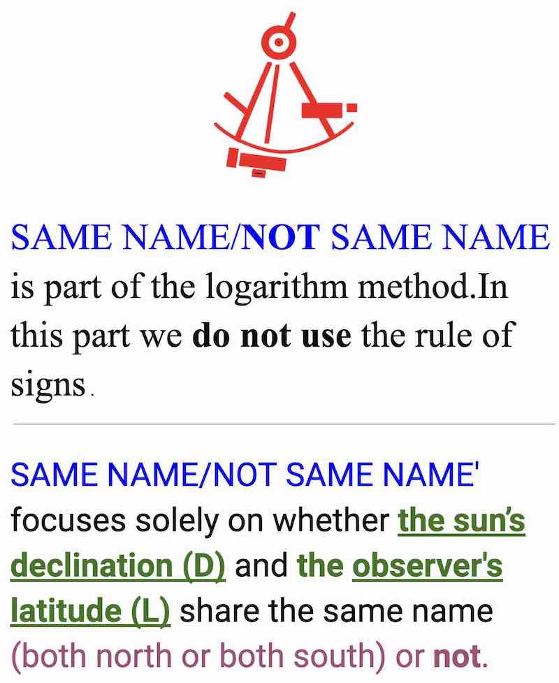 Sun's altitude and logarithm tables at sea, image and text:same name/not same name