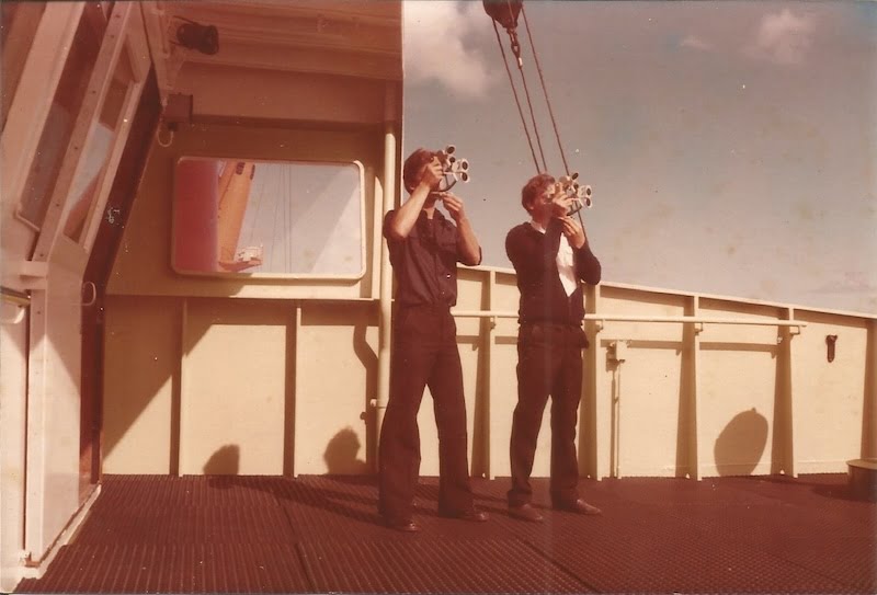 Henk Aasman working as a trainee on M.V. Nedlloyd Rouen (left on the photo) 1980.