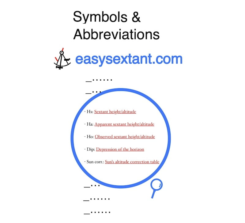 Decorative image: Easy sextant symbols and abbreviations you will find used in my worksheet.