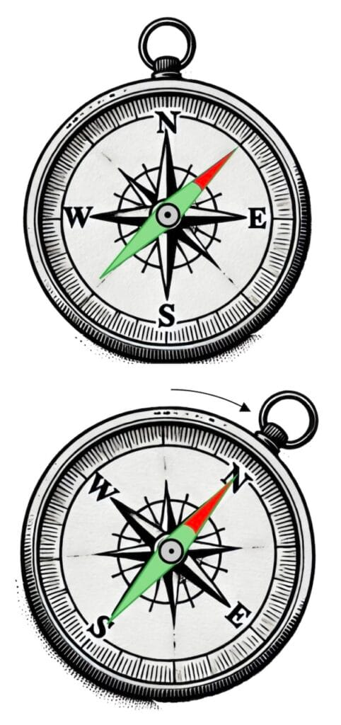 mag.compass: image ofa dial attached to the magnetic needle moves in front of a fixed reference mark.