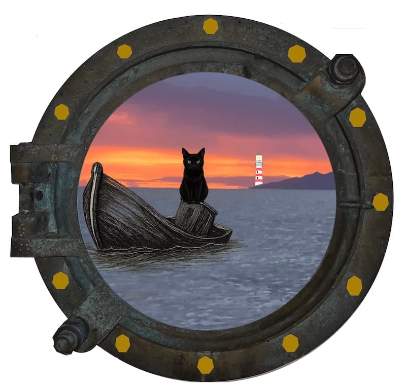 decorative image:porthole? red sky, lighthouse and black cat
