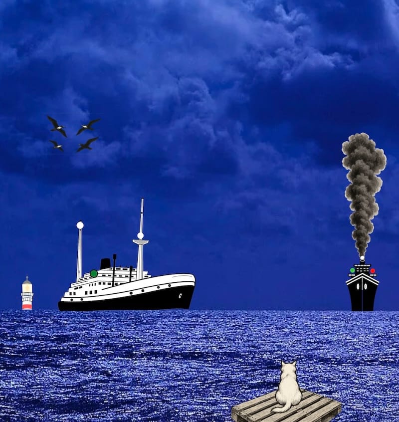 decorative image: ancient vessel, container ship, lighthouse on the horizon, white cat looking, sea and blue sky