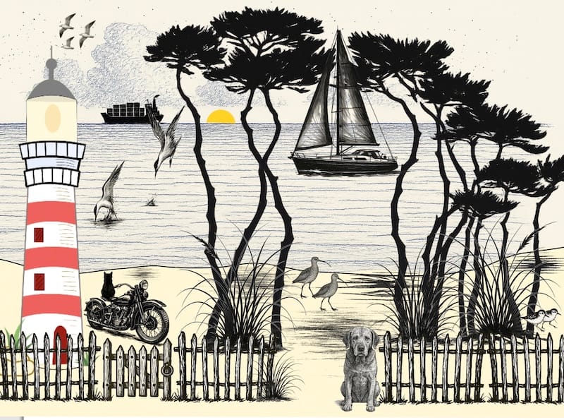 Decorative image: sea and beach, lighthouse, container ship, black cat, pine trees, and sailing vessel.
