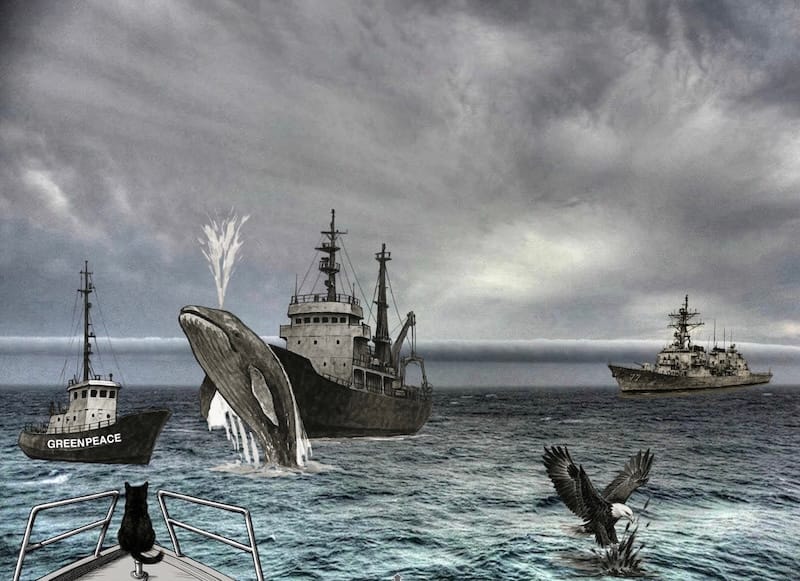 Decorative image: whale, Greenpeace ship, black cat, and frigate.