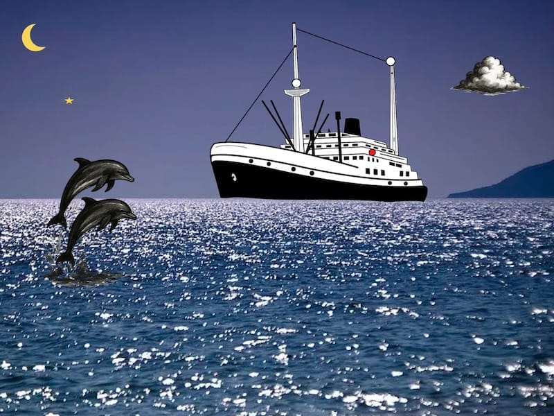 decorative image: see,ancient vessel dolphins, mooon