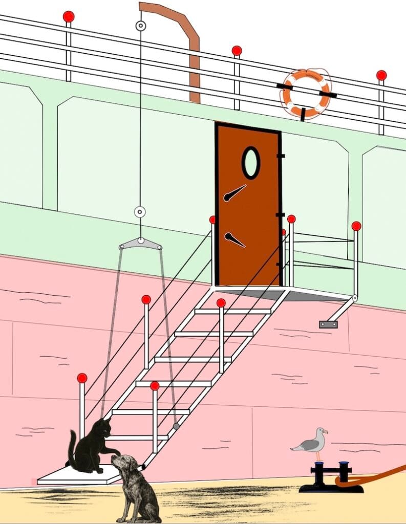 decorative image: gangway of a big ship and cat ,dog and seabird in the picture