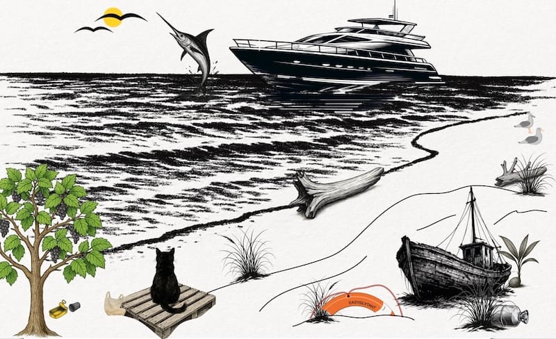 decorative image: sea, beach, yacht, black cat, swordfish jumping