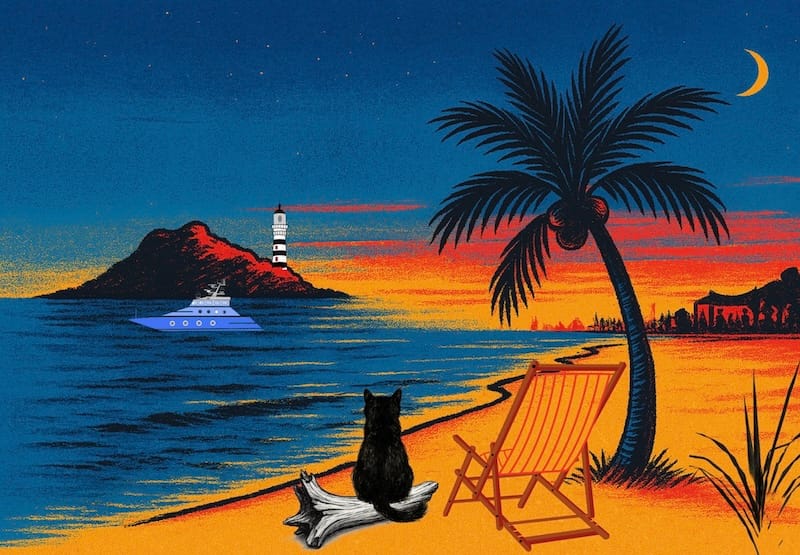 decorative image:plage, mer, chaise, chat noir navire, phare