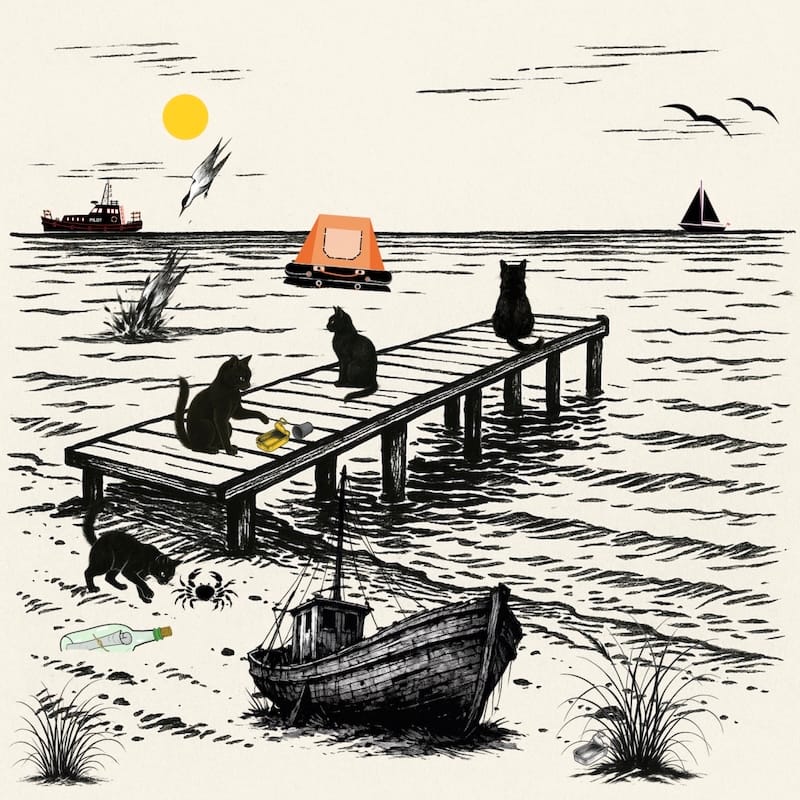 decorative image: sea, beach, four black cats, liferaft, some stern's