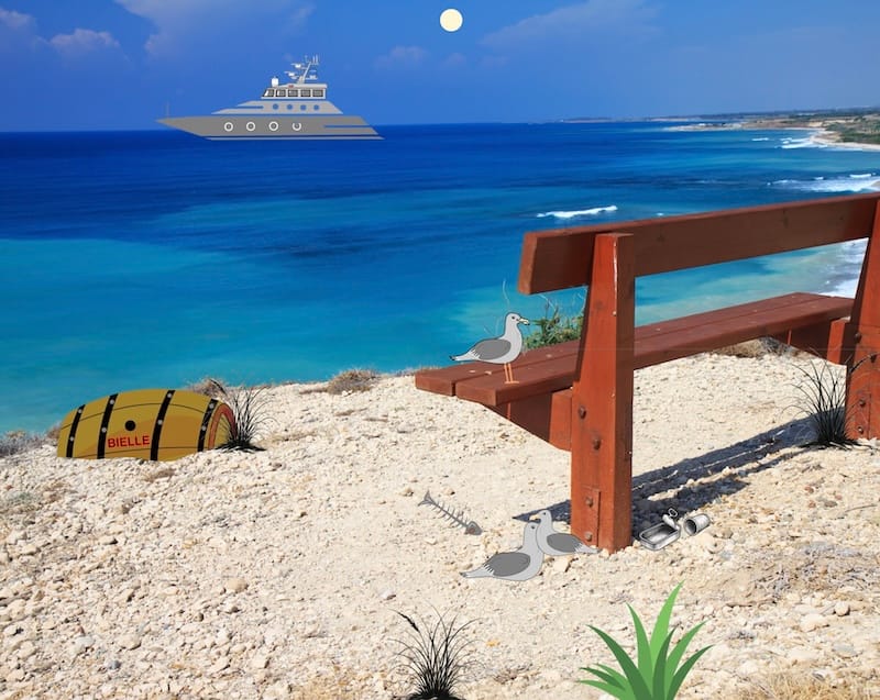 decorative image: beach, sea, bench, boat, rum barrel