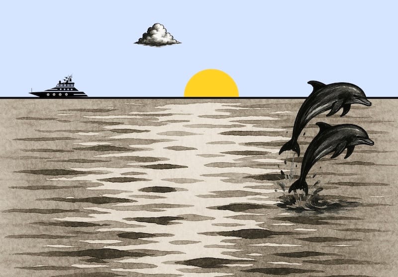 Decorative image: sea, sky, sunset, dolphins