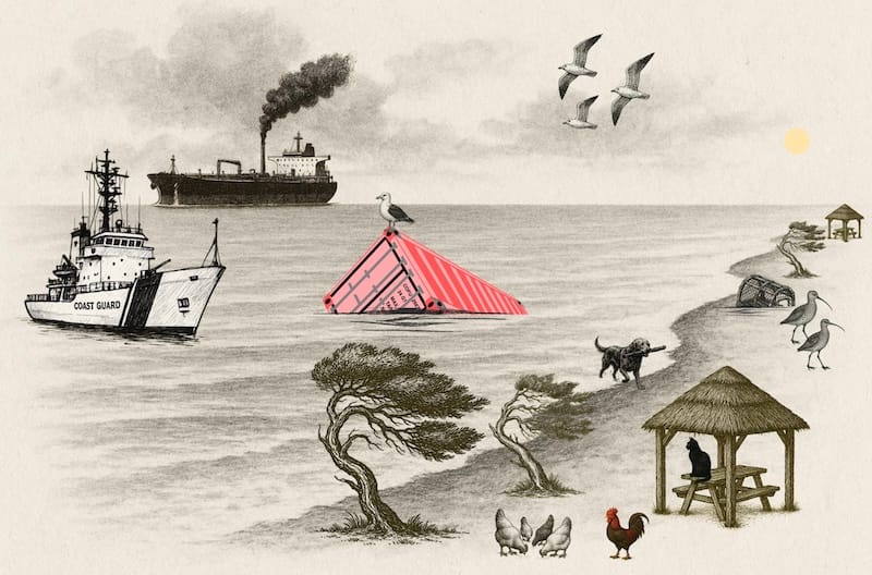 Decorative image: sea, beach, sky, sunken container, coastguard vessel, birds, dog and black cat, Aleppo trees.