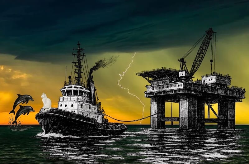 decorative image: tug, platform , dolphins and a white cat