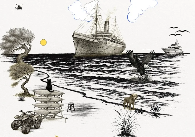 Decorative image: beach, sky, sea, passenger vessel at anchor, trees, dog, black cat, seabirds, and crabs.