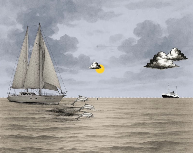 decorative image: sailing vessel Saint Graal and some dolphins