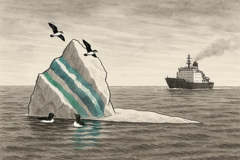 L’iceberg rayé
Des marins de l’océan Austral ont rapporté avoir aperçu des icebergs ornés de rayures bleu vif, vertes et même noires. Ces couleurs proviennent de couches de glace comprimée, d’algues emprisonnées ou de sédiments — ils ressemblent à d’immenses barres de chocolat flottantes dans la brume.