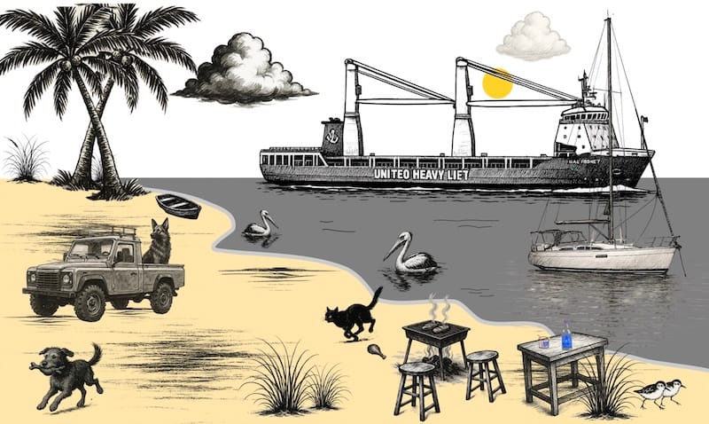 decorative image: heavy lift vessel, beach, sea, sky, cat, dogs, barbecue, landrover defendor on the beach, birds, coconut trees