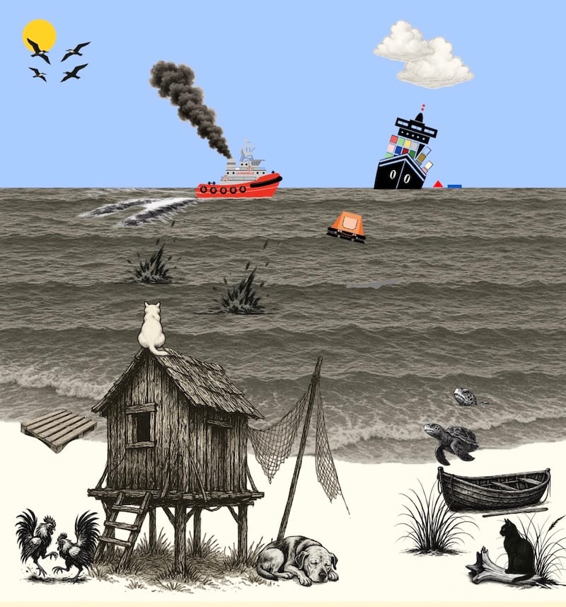 decorative image: sea, beach, sailing vessel cat, dog asleep, fishnet, tug and vessel in distress, sea turtles, cockfight