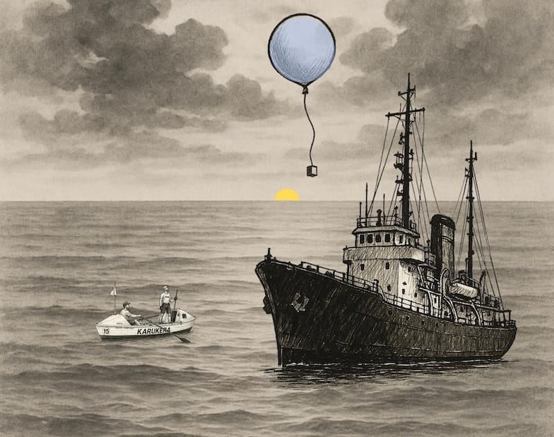decorative image: A weather service vessel, a weather balloon being released, and a transocean rowing boat.