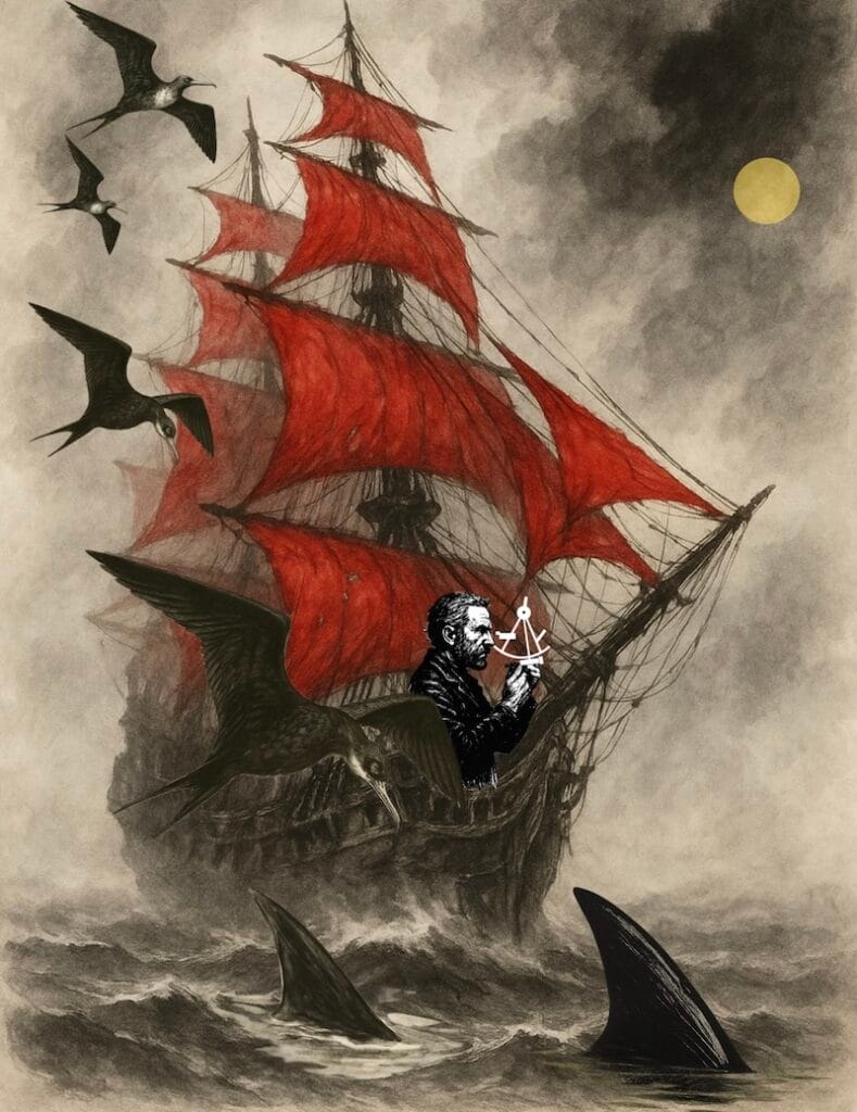 decorative image: the flying dutchman taking a sight with a sextant