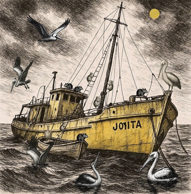 decorative image: The MV Joyita: In 1955, this fishing vessel was found adrift in the South Pacific with its cargo, but no one on board. The Joyita was partially submerged, and a survey later found that a corroded pipe may have caused it to take on water. However, the fate of the 25 people on board remains a total mystery. It was a well-equipped ship, and it's unclear why the crew would have abandoned it, especially since the lifeboat was still attached.