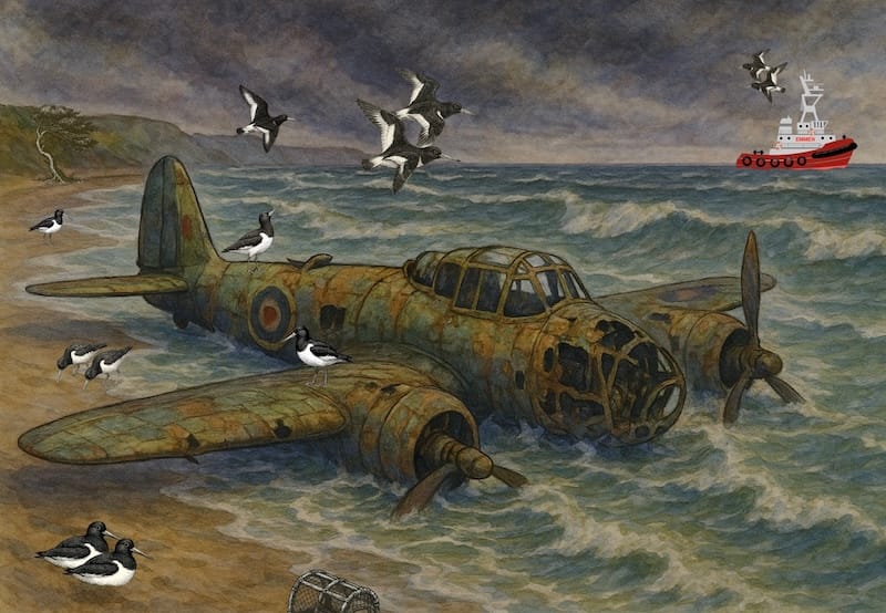 Avion WWII dans les vagues : L'épave d'un bombardier a émergé sur une plage galloise après une tempête en 2020
