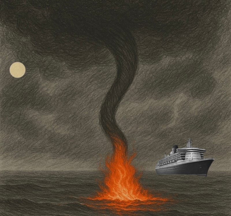 Waterspout with fire
Extremely rare — occurs when a waterspout forms over water that’s on fire (e.g., oil slick). Observed in a few maritime accidents and naval reports.