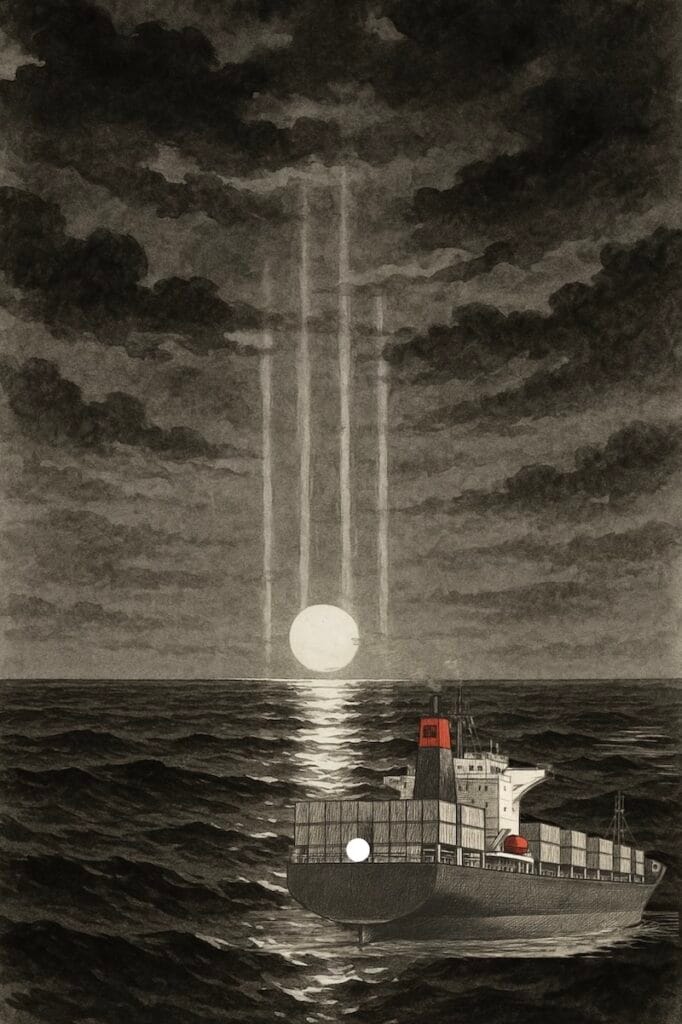 Light pillars at sea
Vertical beams of light rising from the horizon, caused by moonlight or sunlight reflecting off flat ice crystals in the air.