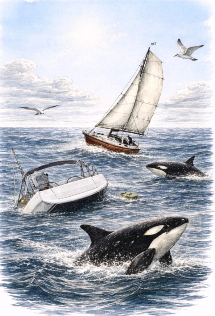 orcas attacking a sailing vessel