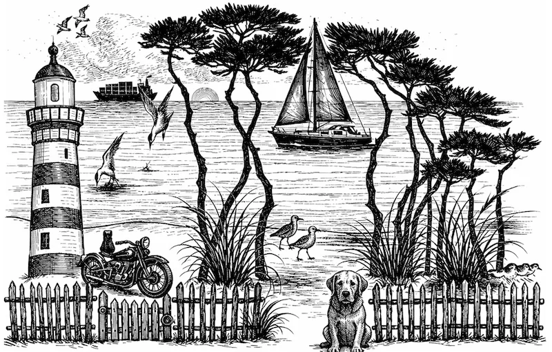 Decorative image: sea and beach, lighthouse, container ship, black cat, pine trees, and sailing vessel.