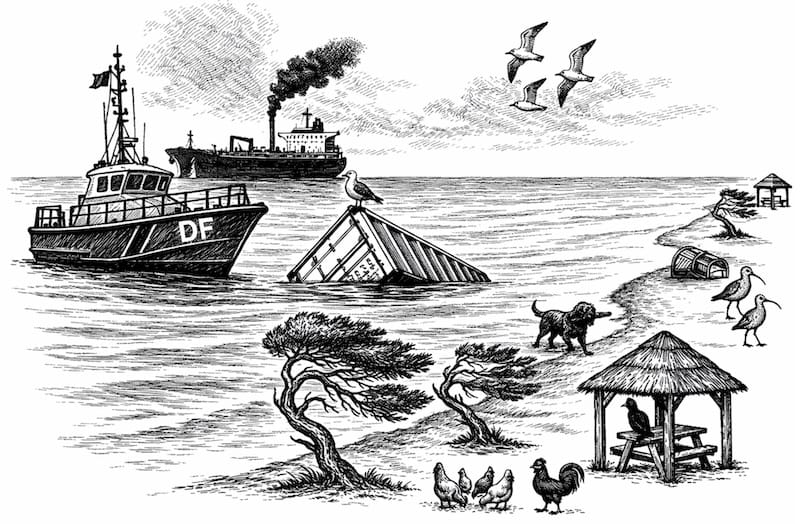 Decorative image: sea, beach, sky, sunken container, coastguard vessel, birds, dog and black cat, Aleppo trees.