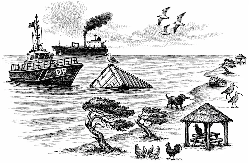 Decorative image: sea, beach, sky, sunken container, coastguard vessel, birds, dog and black cat, Aleppo trees.