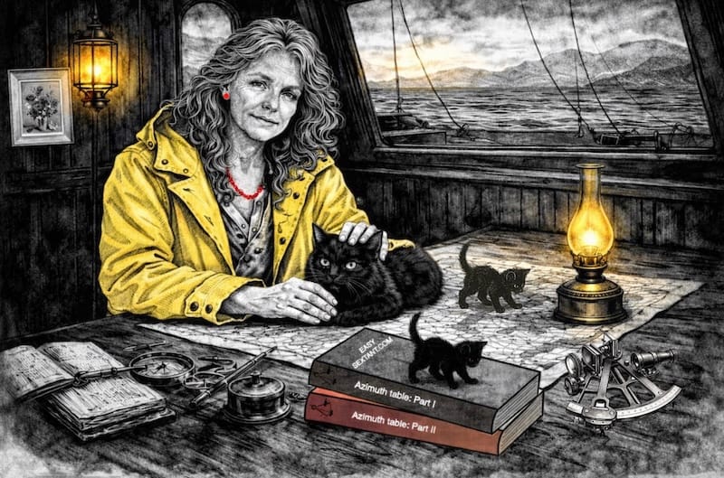 A woman at the chart table with azimuth ABC tables