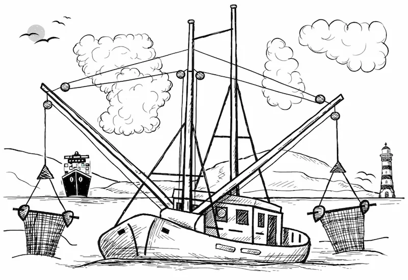 decorative image:T rawler while setting out the nets.