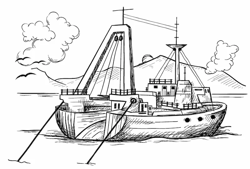 decorative image:view of trawler from behind