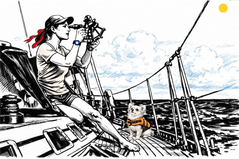 woman taking a sun sight with sextant