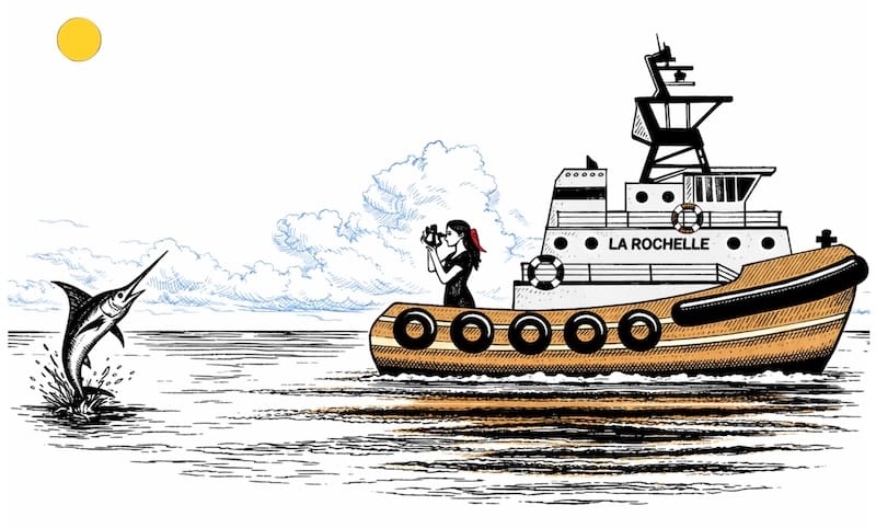 woman, tug and a sextant