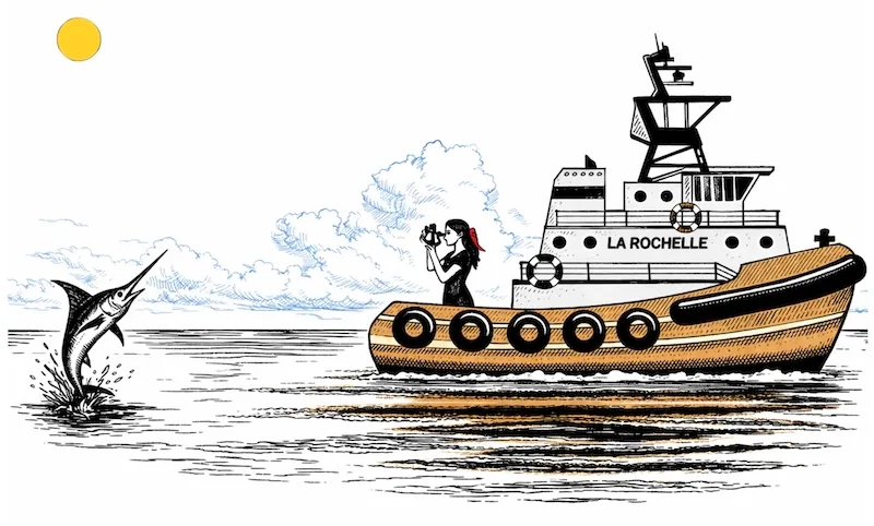 woman, tug and a sextant