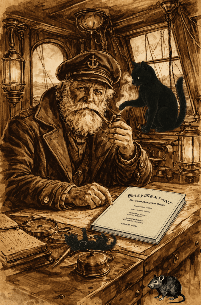 image: man at the chart table and the eaysextant Sun Sight Reduction tables