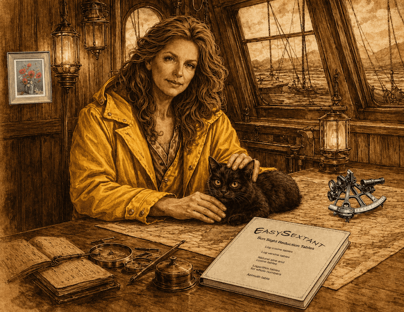 A woman at the chart table with the tables for celestial navigation