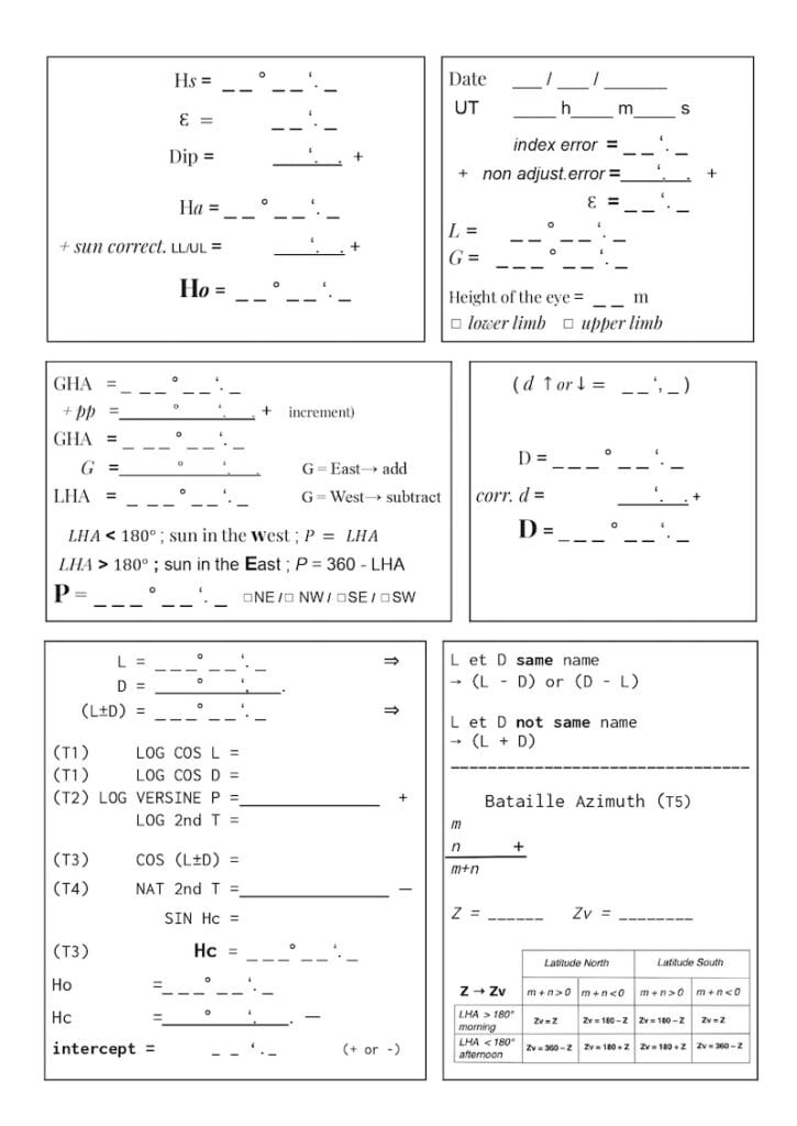  image of the  blank celestial worksheet for the sun (logarithm tables and azimuth tables) 