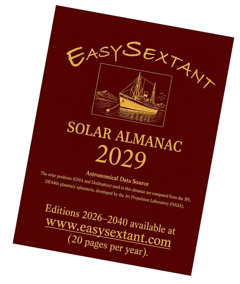 Image of the EasySextant nautical almanac for the Sun only (providing declination and GHA).